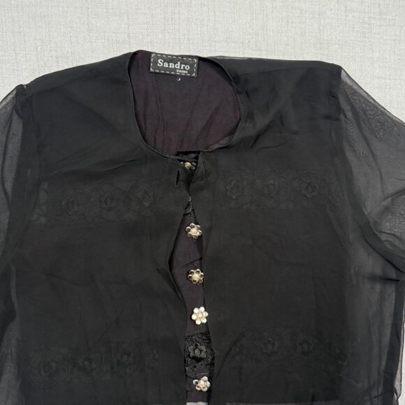 Vintage Sandro Paris Sheer Floral Embroidered Top Black Short Sleeves - Picture 5 of 14